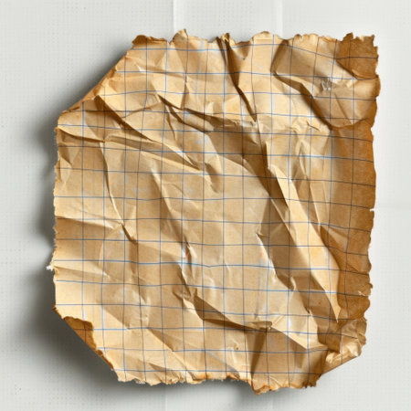 A close-up of crumpled brown paper featuring a grid pattern. This textured paper is perfect for artistic backgrounds and creative design projects, adding a rustic element.の素材