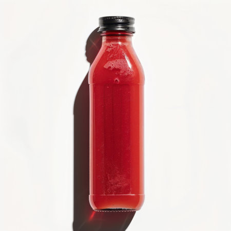 A vibrant red juice housed in a clear bottle with a black lid. This image showcases freshness and health, making it ideal for wellness and beverage promotions.の素材