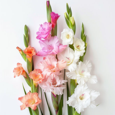 A stunning collection of gladiolus flowers showcasing a variety of colors including pink, orange, and white. Perfect for arrangements, decor, and floral inspiration.の素材