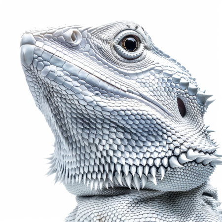 This stunning close-up captures the beauty of a bearded dragon, showcasing its intricate scales and expressive eyes against a soft white background, perfect for nature lovers.の素材