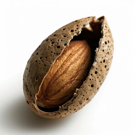 A detailed close-up of a cracked almond shell, showcasing the smooth texture of the nut inside. This image highlights the beauty of natural ingredients and healthy eating.の素材