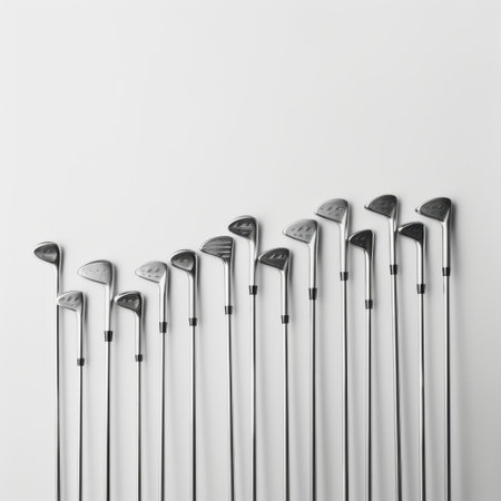 This image features a striking arrangement of golf clubs on a clean, minimalist surface. The shiny metal surfaces showcase the craftsmanship and design essential for golfing excellence.の素材