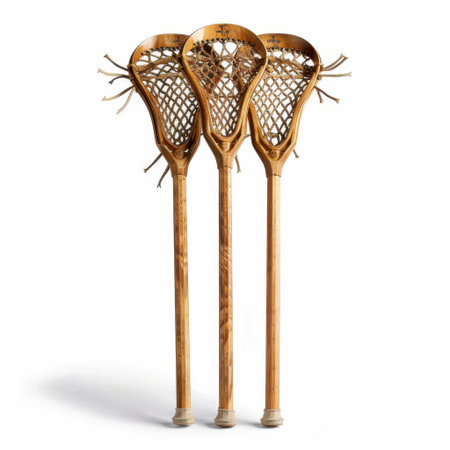 Display of three traditional lacrosse sticks featuring wooden frames and netted heads, perfect for sports enthusiasts, collectors, or training purposes.の素材