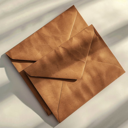A collection of brown paper envelopes elegantly arranged on a light surface. Perfect for showcasing the beauty of simple stationery in creative projects or photography.の素材