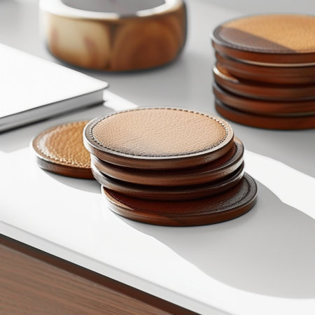 A serene arrangement of stylish wooden coasters on a minimalist tabletop, accompanied by a notebook and decorative bowl, perfect for home and kitchen aesthetics.の素材
