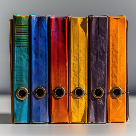 A vibrant arrangement of vintage file binders creates a visually striking display. Featuring rich colors and textures, this image evokes a sense of organization and creativity.の素材