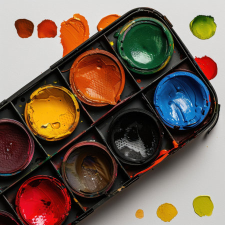 A striking image showcases a vibrant watercolor palette featuring a variety of colors perfect for artists and crafters. Ideal for showcasing creativity.の素材