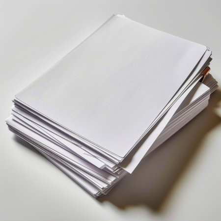 A neatly arranged stack of blank white paper sheets, ideal for creative projects, document designs, or as a clean backdrop for various presentations.の素材