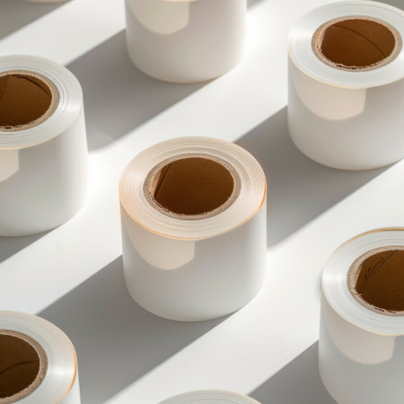 Aesthetic view of circular adhesive tape rolls organized on a clean surface, perfect for craft projects, packaging needs, and modern workspace arrangements.の素材