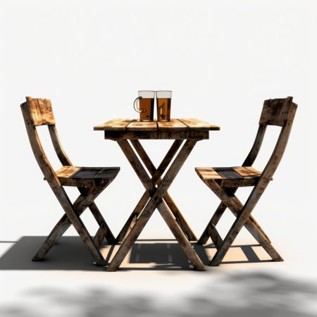 A rustic wooden table paired with two chairs features two beer glasses, creating a perfect setting for outdoor dining and relaxed gatherings in natural light.の素材