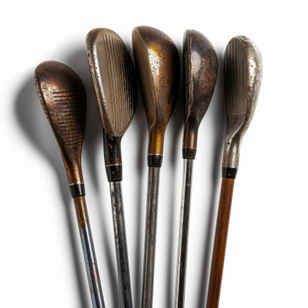 This image features a collection of vintage golf clubs, highlighting their unique textures and craftsmanship. Perfect for sports enthusiasts and collectors.の素材