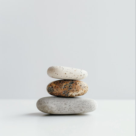 A serene composition showcasing stacked stones in a minimalistic arrangement on a light surface, perfect for concepts of balance, calmness, and wellbeing for your creative projects.の素材