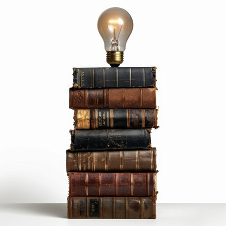 A visually striking composition featuring stacked vintage books topped with a glowing light bulb, perfect for promoting creativity, knowledge, and unique decor ideas.の素材
