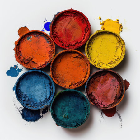 A captivating arrangement of colorful pigments in round containers showcases a vibrant palette suitable for various artistic endeavors and creative projects.の素材