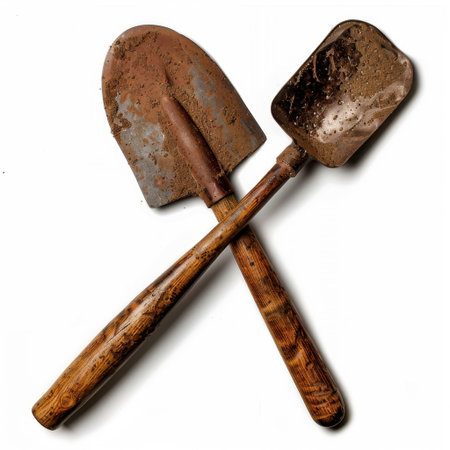 This image features two vintage garden tools, a shovel and a spade, with weathered wooden handles and remnants of soil, perfect for gardening enthusiasts.の素材