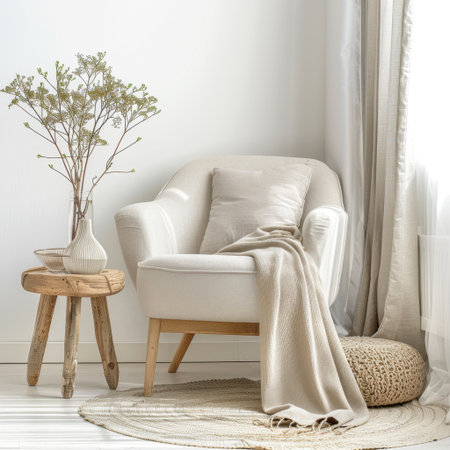 A cozy and inviting living room corner, featuring a simple chair with soft textiles, a rustic wooden table, and natural greenery, perfect for relaxation and elegance.の素材