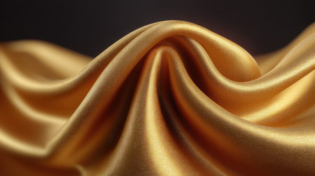 Close-up view of luxurious golden fabric showcasing soft wave patterns under studio lighting. Ideal for fashion, interior design projects, or artistic backgrounds.の素材
