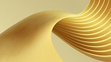 This image features elegant golden ribbon waves gracefully flowing against a soft beige background, capturing a sense of luxury and modern aesthetics in design.の素材