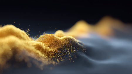 This abstract image features shimmering gold particles forming wave-like textures against a dark backdrop, creating a sense of depth and elegance ideal for luxury themes.の素材