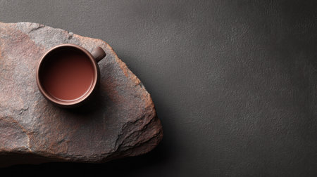 A rustic clay mug rests on a textured stone slab against a dark background, illustrating simplicity and comfort, ideal for cozy beverage moments or minimalist designs.の素材