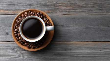 This image features a cup of black coffee nestled in a bath of coffee beans, perfectly set on a rustic wooden table. Ideal for showcasing cafの素材
