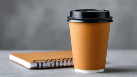 A brown paper coffee cup with a black lid rests beside a spiral notebook on a textured surface, creating a cozy and inviting atmosphere for creativity and productivity.の素材