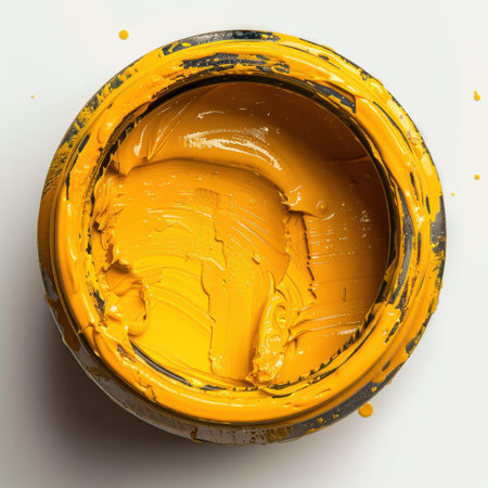 A round container filled with vibrant yellow paint, showcasing rich texture and color depth, perfect for various artistic projects and creative endeavors.の素材