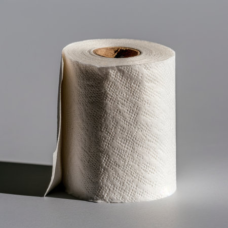 A single roll of white paper towels displayed on a soft gray backdrop. The gentle light accentuates the absorbent texture, making it ideal for kitchen and home cleaning.の素材
