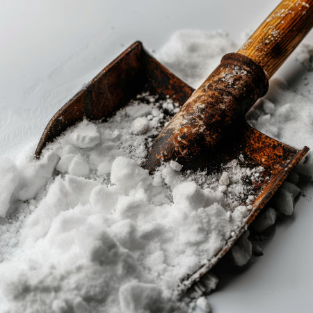 Captivating close-up of a rusty snow shovel resting on a bed of pristine white snow. This image perfectly represents the essence of winter maintenance and outdoor tasks.の素材