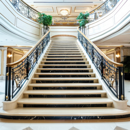 This stunning marble staircase features elegant railings and luxurious architectural design, creating an inviting atmosphere in a sophisticated interior space.の素材