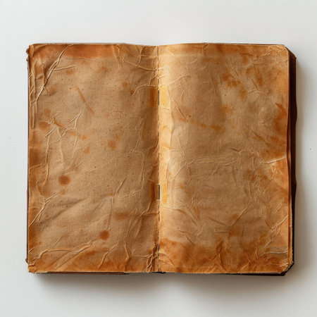 An aged and weathered open book with creased pages reveals a nostalgic and unique texture, ideal for artistic projects, marketing content, and creative expressions.の素材