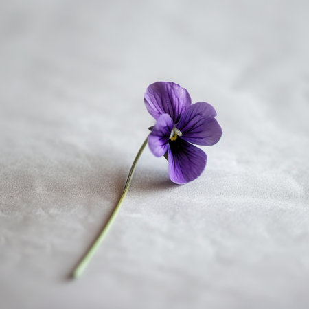 A single purple violet flower gracefully positioned on a soft background, capturing the essence of beauty and tranquility in natural lighting for artistic purposes.の素材