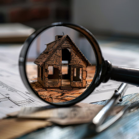 A captivating close-up image of a miniature house model viewed through a magnifying glass, with architectural blueprints and tools in a creative workspace.の素材