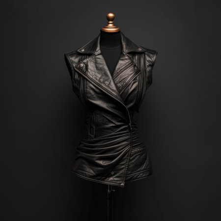 This striking black leather vest is presented on a mannequin, highlighting its elegant design and modern appeal perfect for fashion enthusiasts and trendsetters.の素材