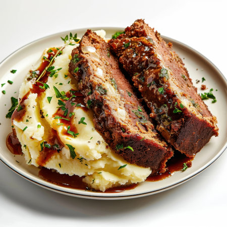 Indulge in a hearty serving of meatloaf paired with creamy mashed potatoes and rich gravy, beautifully garnished with fresh herbs for an inviting look.の素材