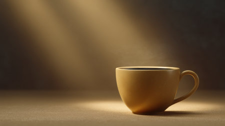 A serene and elegant yellow coffee cup rests against a soft, illuminated background, capturing the essence of comfort and relaxation with rising steam.の素材