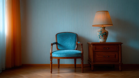 A serene interior scene showcasing a blue chair beside a wooden table with a decorative lamp, illuminated by soft natural light, perfect for home decor ideas.の素材
