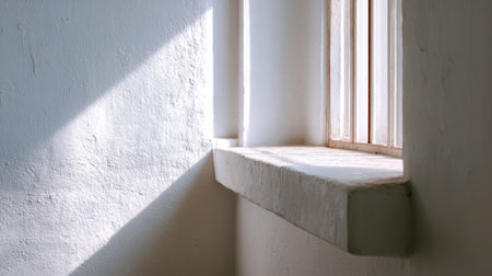 This image depicts soft light streaming through a window, casting gentle shadows on a simple interior wall and window sill, creating a peaceful and serene atmosphere.の素材
