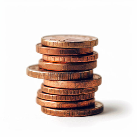 A close-up of neatly stacked coins symbolizes wealth and financial growth. This minimalist image is ideal for business, finance, and investment contexts.の素材
