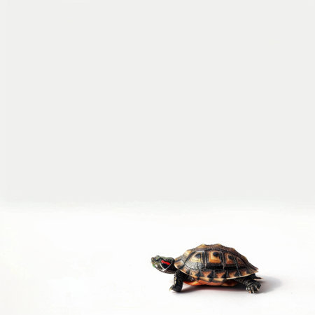 This image features a realistic toy turtle set against a plain background, making it ideal for use in children's themes, educational materials, and creative illustrations.の素材
