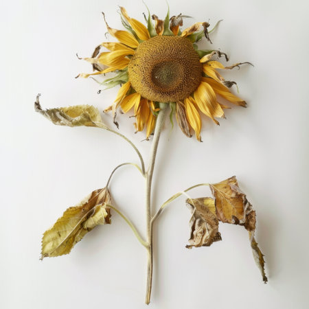 This image features a beautifully dried sunflower with vibrant yellow petals and withering leaves, captured against a clean white background, emphasizing aging beauty.の素材