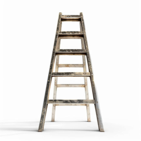 A simple wooden ladder positioned upright on a clean white background. Perfect for showcasing its use in home improvement, construction tasks, or DIY projects.の素材