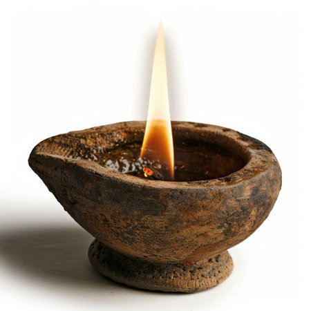 A close-up view of a traditional earthen lamp featuring a bright flame, offering a warm glow. Ideal for festival decor, spirituality, and cultural celebrations.の素材