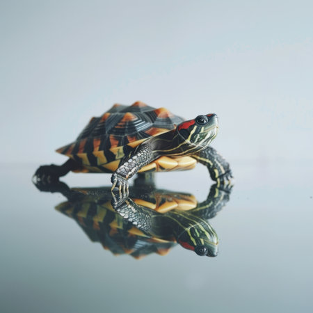 A colorful turtle rests on a reflective surface, creating a beautiful mirror image. The serene backdrop showcases the unique patterns of the turtle's shell, emphasizing nature's artistry.の素材