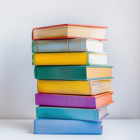 A visually appealing arrangement of colorful stacked books on a plain background, ideal for themes of education, creativity, learning, and inspiration in various settings.の素材