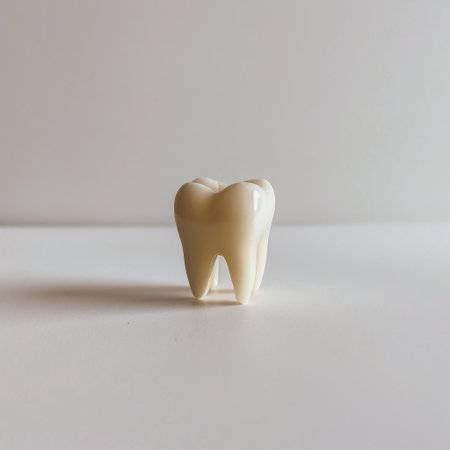 A close-up view of a realistic tooth model against a light background, ideal for dental education materials, health awareness campaigns, and oral hygiene promotion.の素材