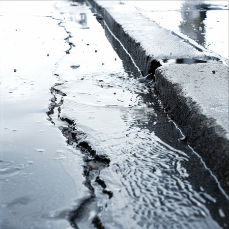 A close-up view of cracked pavement with water flowing and pooling in urban settings, reflecting the impact of weather on infrastructure and nature.の素材