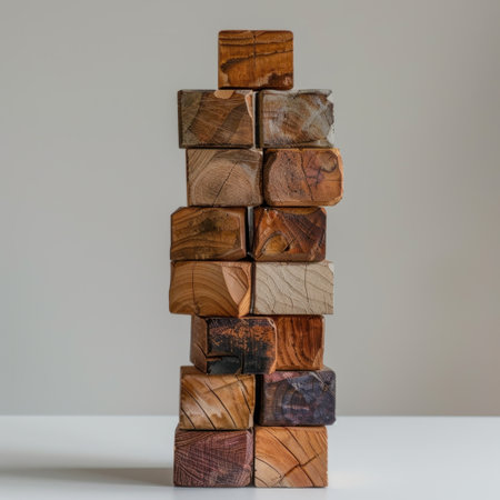 This image features a collection of stacked wooden blocks, showcasing natural textures and warm tones. A minimalist background enhances the serene and calming feel.の素材