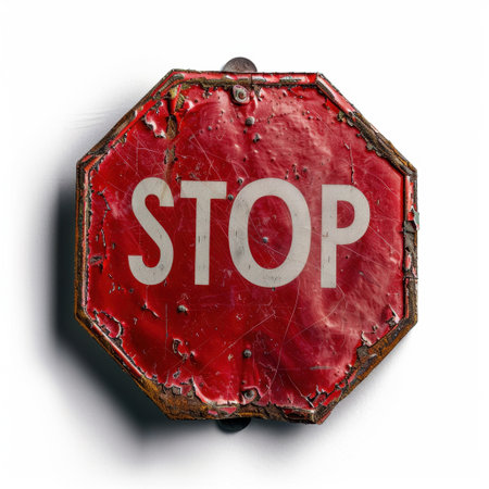 A distressed stop sign showcases its vintage character with rust and scratches, emphasizing the importance of traffic regulation and safety in urban areas.の素材