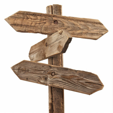 A rustic wooden signpost with arrows pointing in different directions, perfect for themes of travel, navigation, and outdoor exploration in natural settings.の素材
